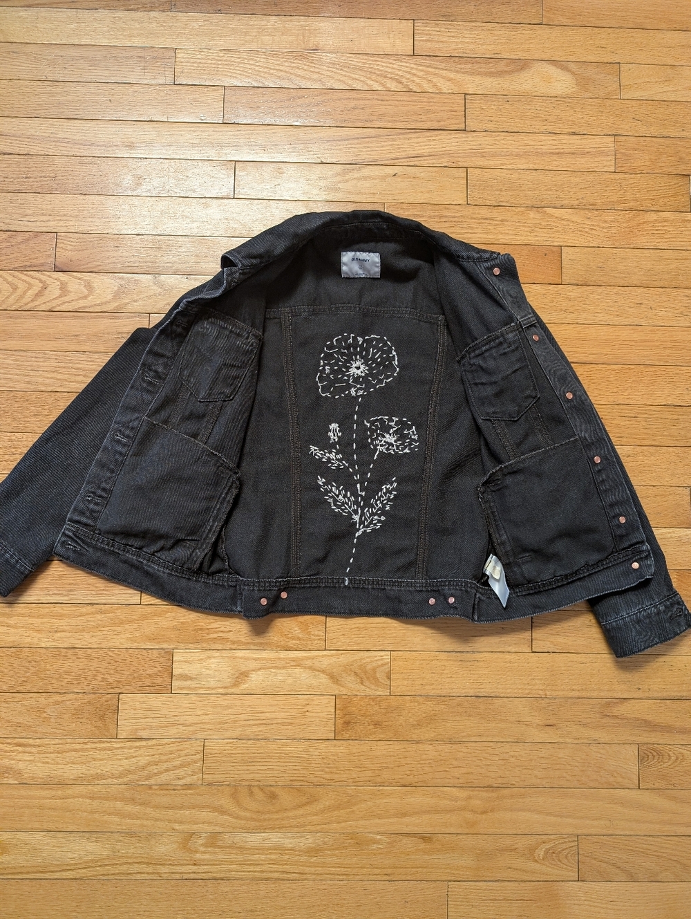 Black Denim Jacket with White Floral Back Embroidery - Picture 8 of 10